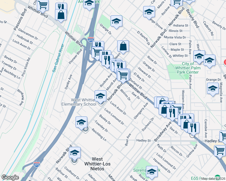 map of restaurants, bars, coffee shops, grocery stores, and more near 6121 Norwalk Boulevard in Whittier