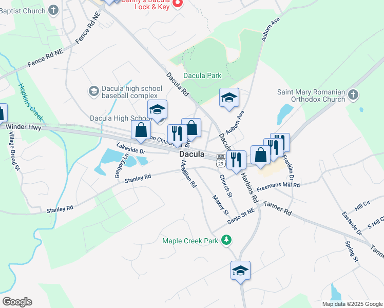 map of restaurants, bars, coffee shops, grocery stores, and more near in Dacula