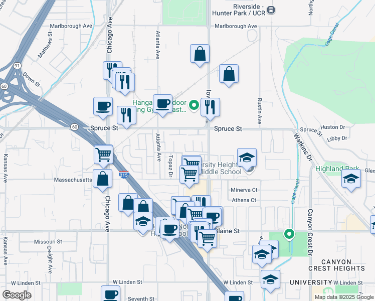 map of restaurants, bars, coffee shops, grocery stores, and more near 1399 Amethyst Street in Riverside