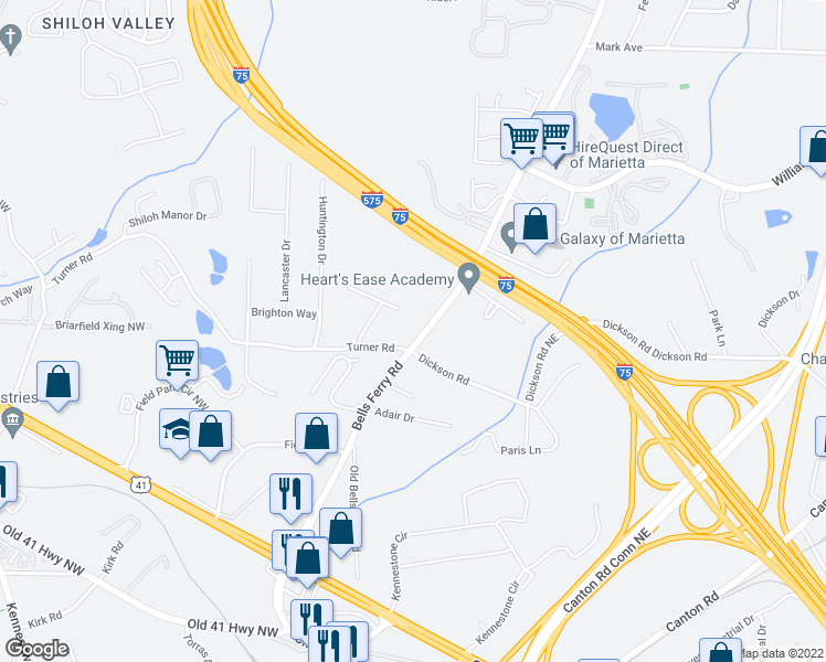 map of restaurants, bars, coffee shops, grocery stores, and more near 1521 Bells Ferry Road in Marietta