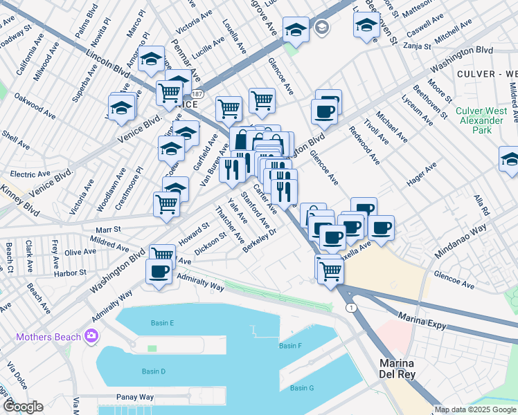 map of restaurants, bars, coffee shops, grocery stores, and more near 3024 Stanford Avenue in Marina del Rey