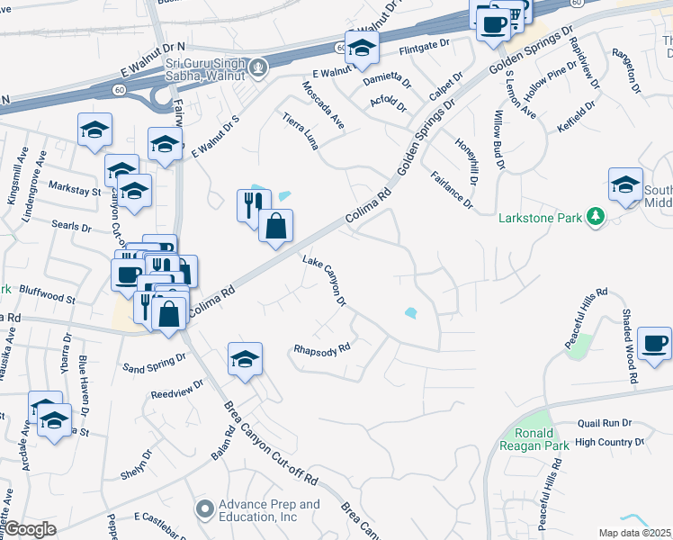 map of restaurants, bars, coffee shops, grocery stores, and more near 20165 Lake Canyon Drive in Walnut
