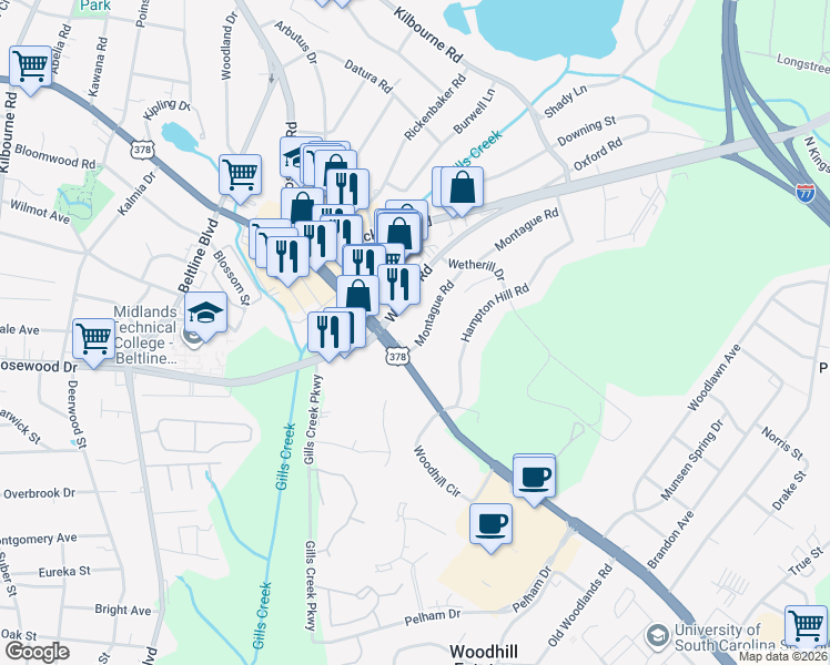 map of restaurants, bars, coffee shops, grocery stores, and more near 700 Montague Road in Columbia