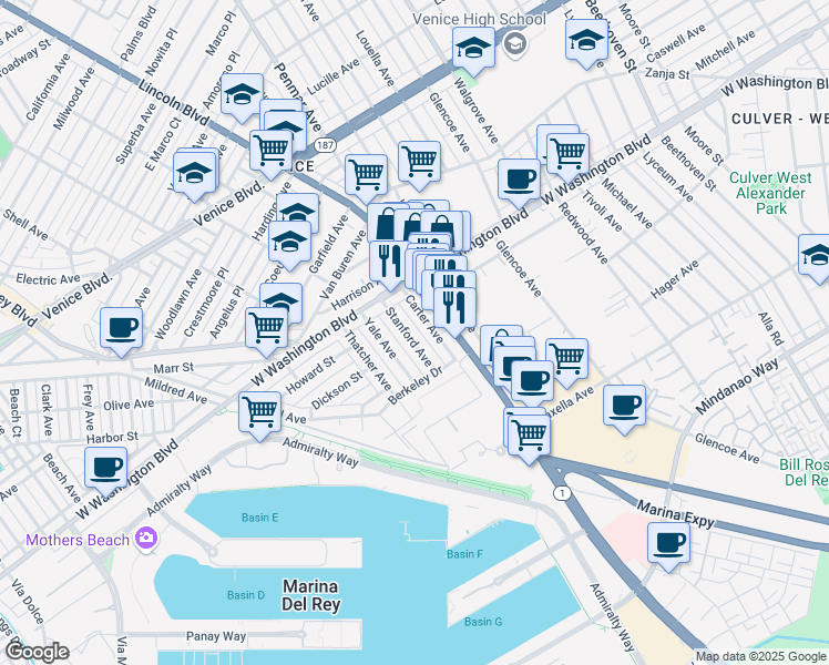 map of restaurants, bars, coffee shops, grocery stores, and more near 3024 Stanford Avenue in Marina del Rey