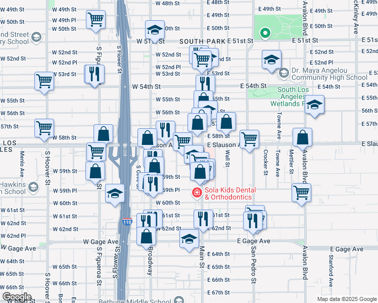 map of restaurants, bars, coffee shops, grocery stores, and more near 150 West Slauson Avenue in Los Angeles
