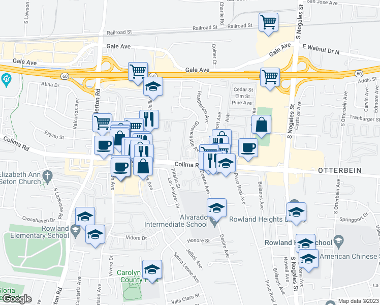 map of restaurants, bars, coffee shops, grocery stores, and more near 1665 Greencastle Avenue in Rowland Heights