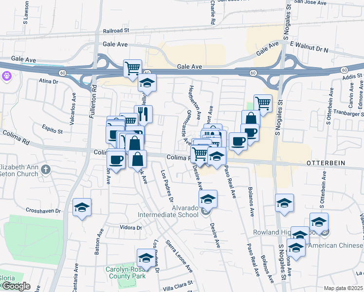 map of restaurants, bars, coffee shops, grocery stores, and more near 1655 Greencastle Avenue in Rowland Heights