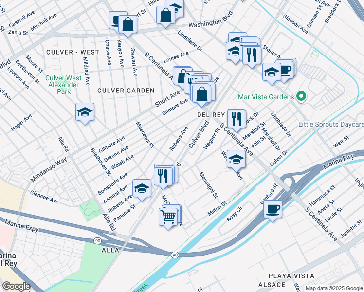 map of restaurants, bars, coffee shops, grocery stores, and more near 12511 Culver Boulevard in Los Angeles