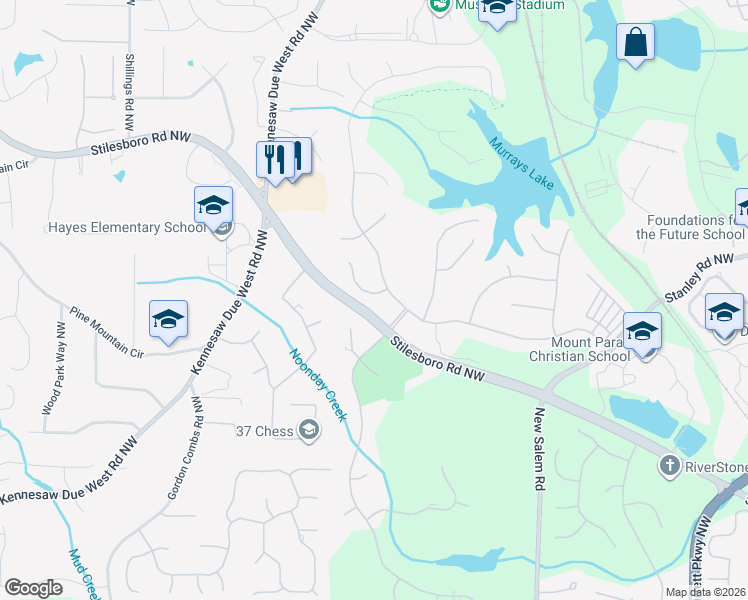 map of restaurants, bars, coffee shops, grocery stores, and more near 1337 Kilmarnock Point Northwest in Kennesaw