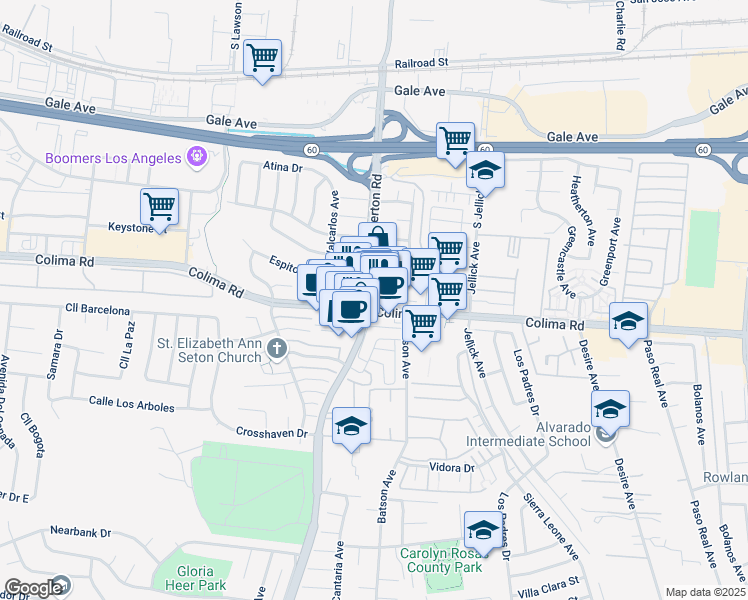 map of restaurants, bars, coffee shops, grocery stores, and more near 18307 Colima Road in Rowland Heights