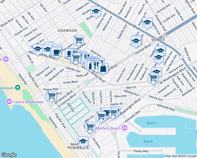 map of restaurants, bars, coffee shops, grocery stores, and more near 1702 Abbot Kinney Boulevard in Los Angeles