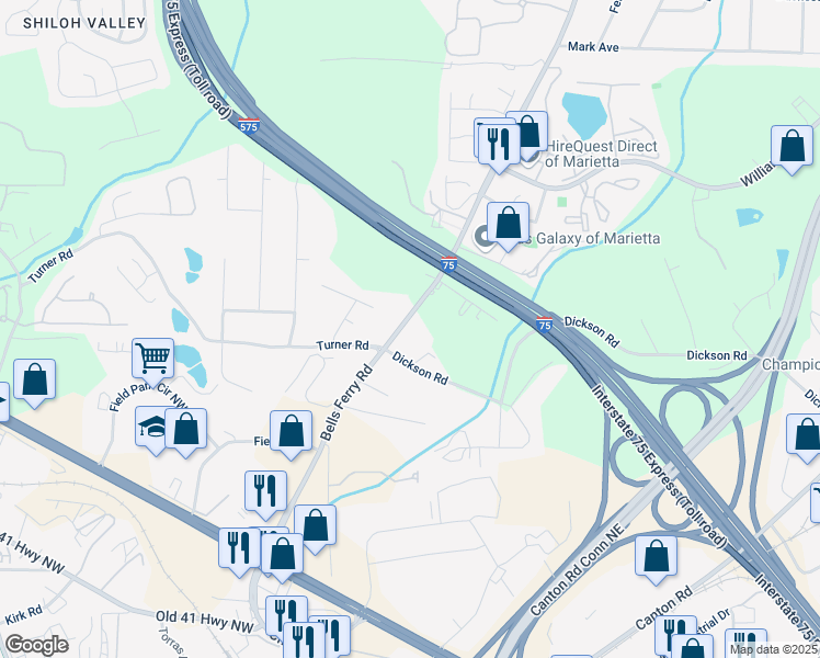 map of restaurants, bars, coffee shops, grocery stores, and more near 1540 Bells Ferry Road in Marietta