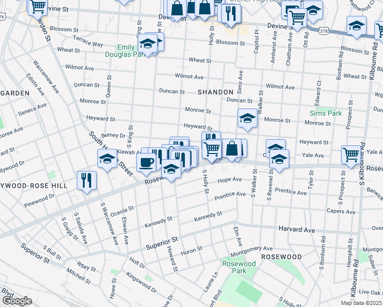 map of restaurants, bars, coffee shops, grocery stores, and more near 220 Sloan Street in Columbia