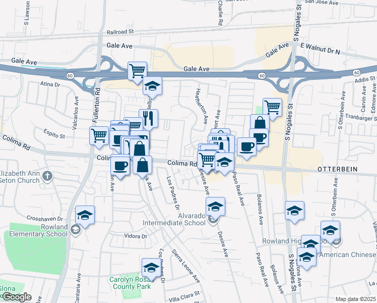 map of restaurants, bars, coffee shops, grocery stores, and more near 1615 Greencastle Avenue in Rowland Heights