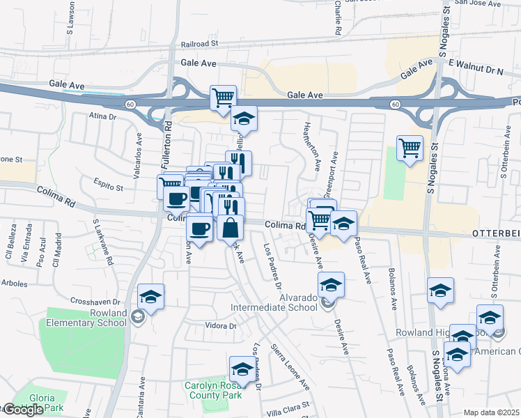 map of restaurants, bars, coffee shops, grocery stores, and more near 18531 Colima Road in La Puente