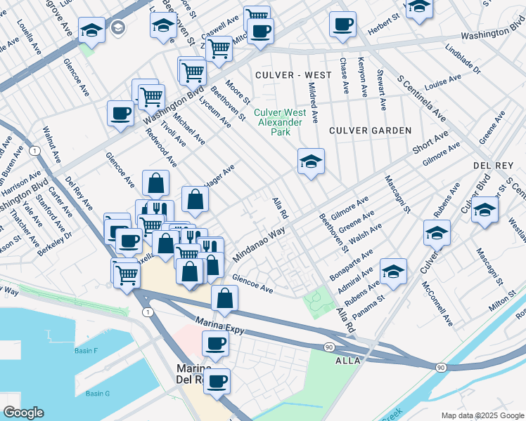 map of restaurants, bars, coffee shops, grocery stores, and more near 13010 Maxella Avenue in Marina del Rey
