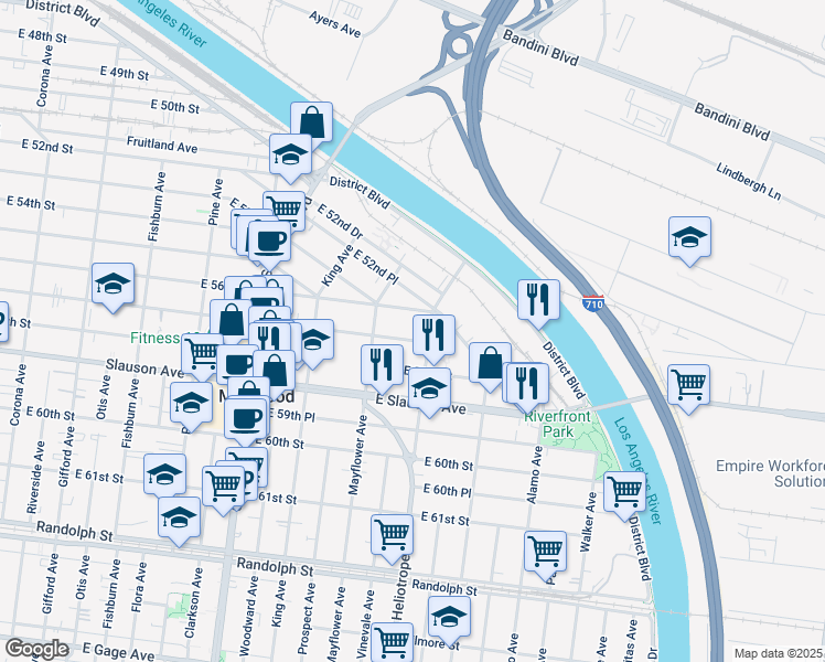 map of restaurants, bars, coffee shops, grocery stores, and more near 4753 East 57th Street in Maywood