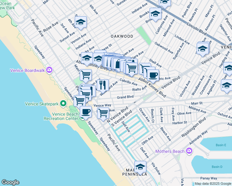 map of restaurants, bars, coffee shops, grocery stores, and more near 419 Grand Boulevard in Los Angeles