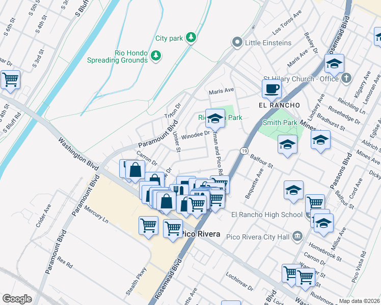 map of restaurants, bars, coffee shops, grocery stores, and more near 6463 Keltonview Drive in Pico Rivera