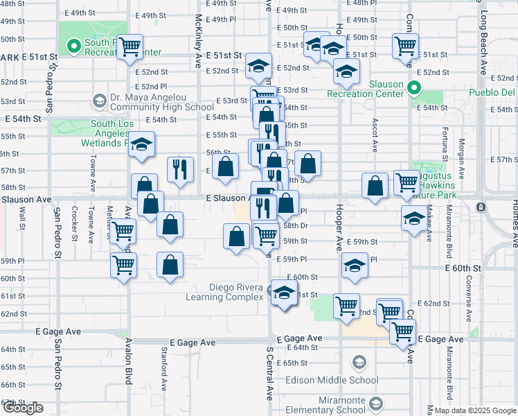 map of restaurants, bars, coffee shops, grocery stores, and more near 5837 South Central Avenue in Los Angeles