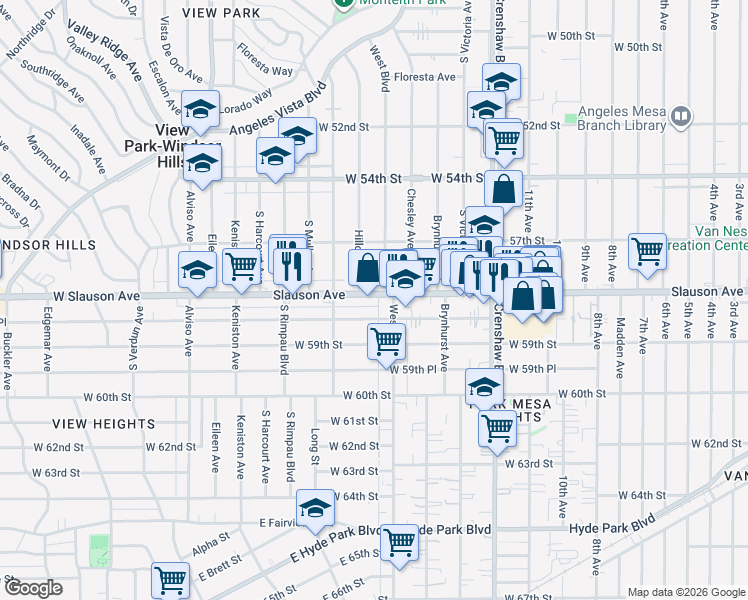 map of restaurants, bars, coffee shops, grocery stores, and more near 3622 West Slauson Avenue in Los Angeles