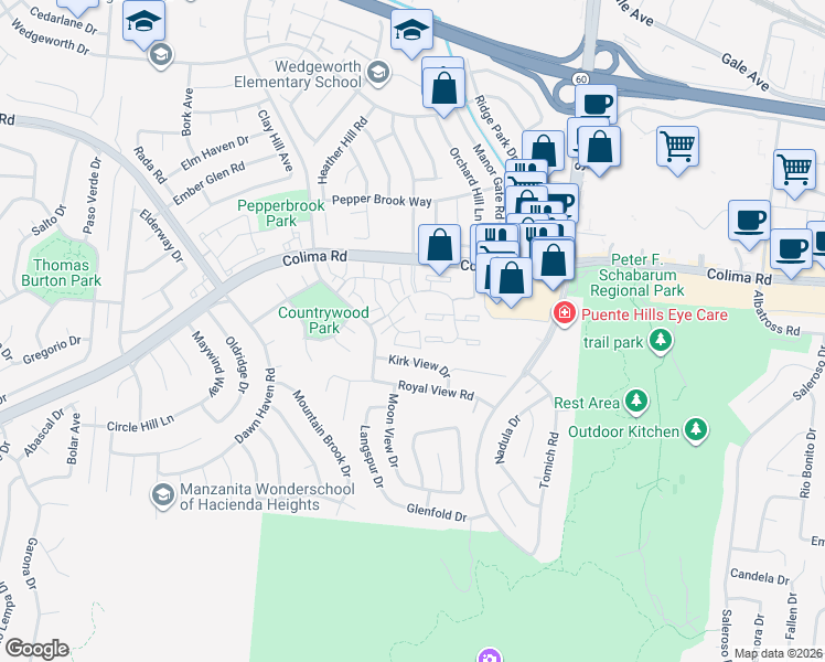 map of restaurants, bars, coffee shops, grocery stores, and more near 1964 Camberley Lane in Hacienda Heights