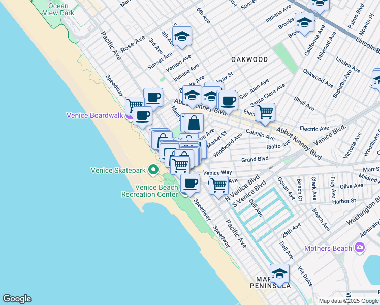 map of restaurants, bars, coffee shops, grocery stores, and more near 85 Market Street in Los Angeles