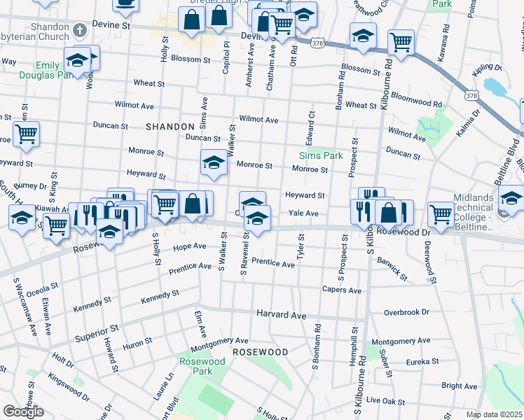 map of restaurants, bars, coffee shops, grocery stores, and more near 3300 Cannon Street in Columbia