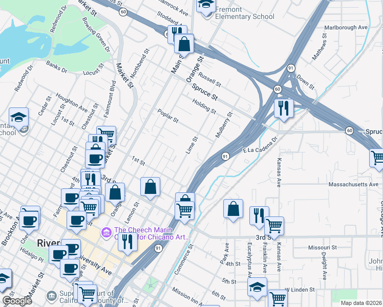 map of restaurants, bars, coffee shops, grocery stores, and more near 2890 Lime Street in Riverside