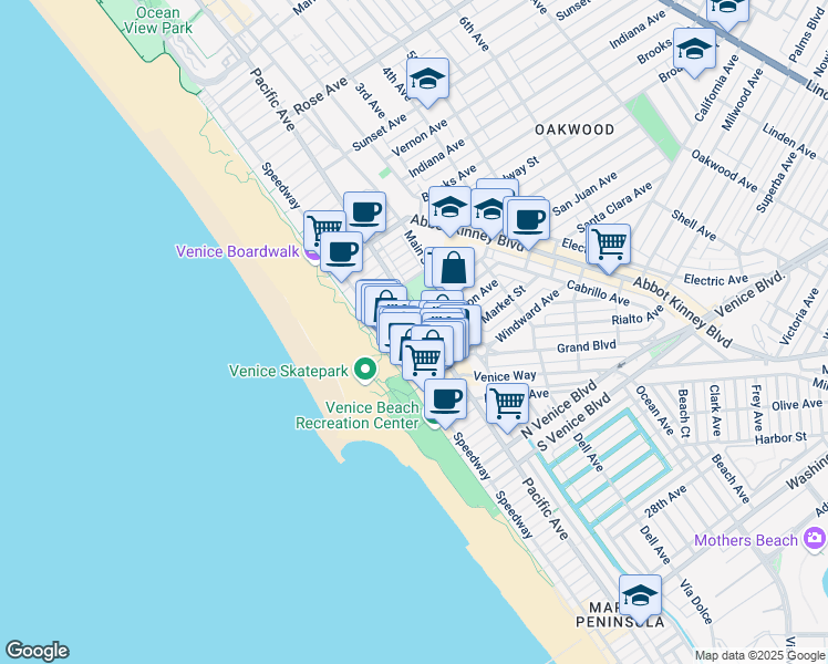 map of restaurants, bars, coffee shops, grocery stores, and more near 85 Market Street in Los Angeles