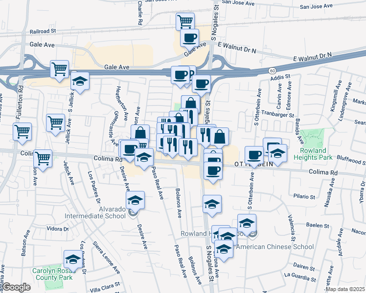 map of restaurants, bars, coffee shops, grocery stores, and more near 18901 Colima Rd in Rowland Heights