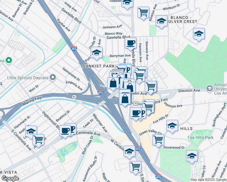 map of restaurants, bars, coffee shops, grocery stores, and more near in Culver City