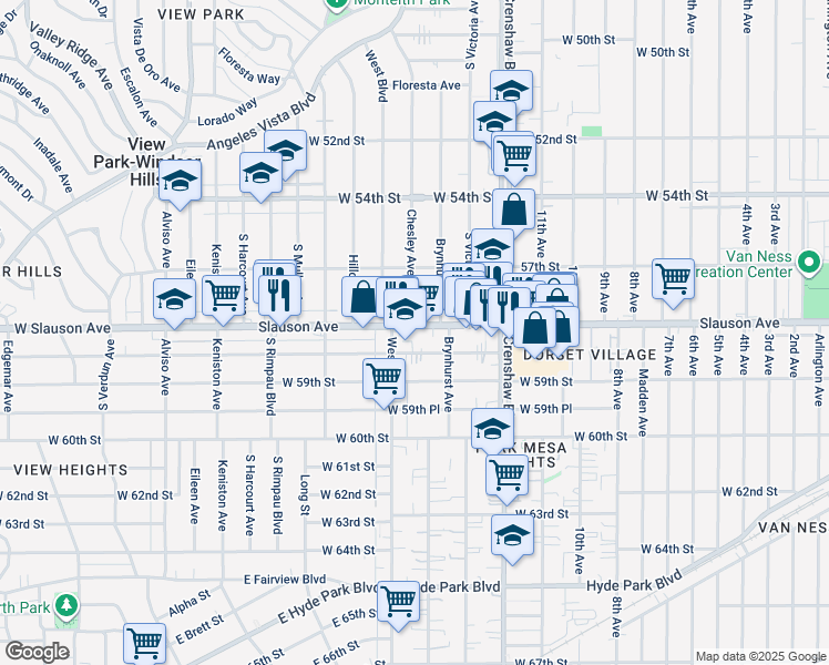 map of restaurants, bars, coffee shops, grocery stores, and more near 3536 West Slauson Avenue in Los Angeles