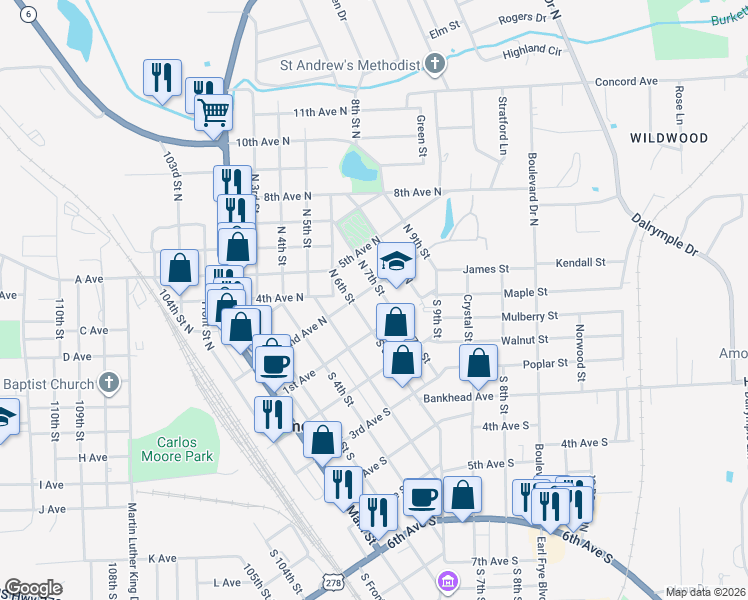 map of restaurants, bars, coffee shops, grocery stores, and more near 108 6th Street North in Amory