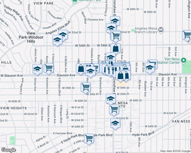 map of restaurants, bars, coffee shops, grocery stores, and more near 3520 West Slauson Avenue in Los Angeles