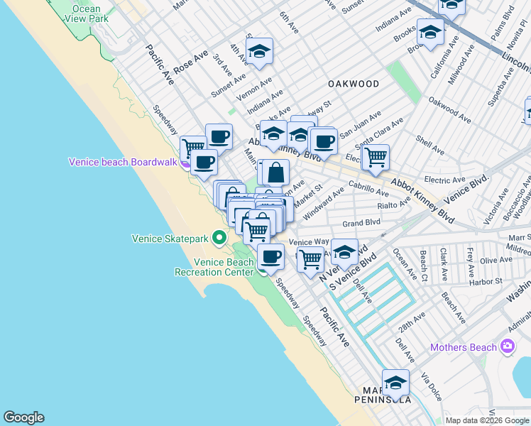 map of restaurants, bars, coffee shops, grocery stores, and more near 85 Market Street in Los Angeles