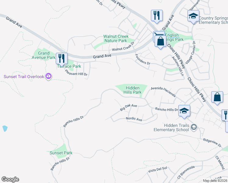 map of restaurants, bars, coffee shops, grocery stores, and more near 1827 Rancho Hills Drive in Chino Hills