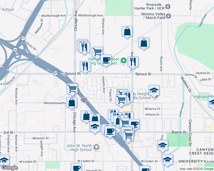 map of restaurants, bars, coffee shops, grocery stores, and more near 2621 Topaz Drive in Riverside