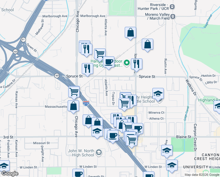 map of restaurants, bars, coffee shops, grocery stores, and more near 2621 Topaz Drive in Riverside
