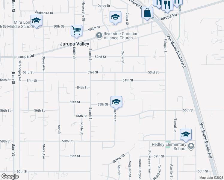 map of restaurants, bars, coffee shops, grocery stores, and more near 5459 Cedar Street in Riverside