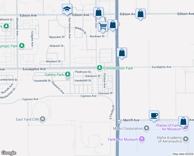 map of restaurants, bars, coffee shops, grocery stores, and more near 14556 Manchester Avenue in Chino