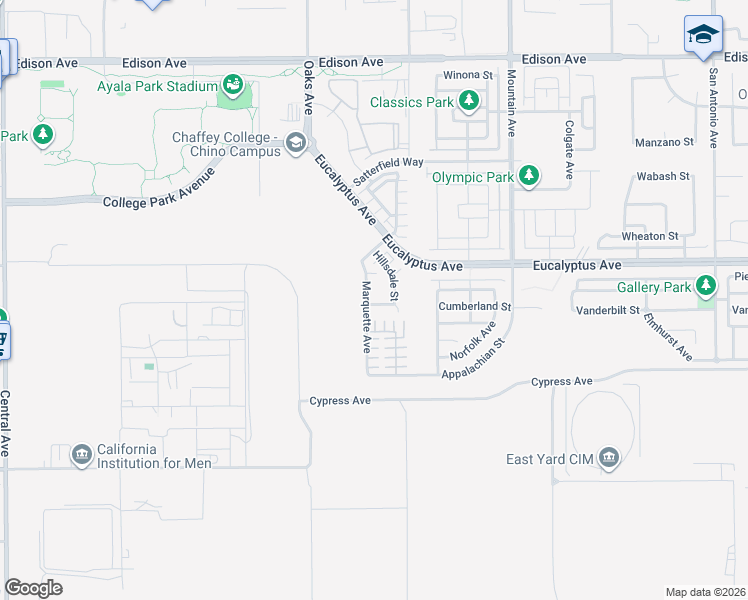map of restaurants, bars, coffee shops, grocery stores, and more near 14591 Marquette Avenue in Chino