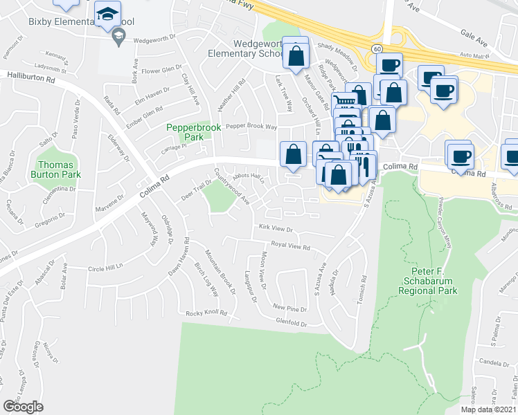 map of restaurants, bars, coffee shops, grocery stores, and more near 16928 Colchester Way in Hacienda Heights