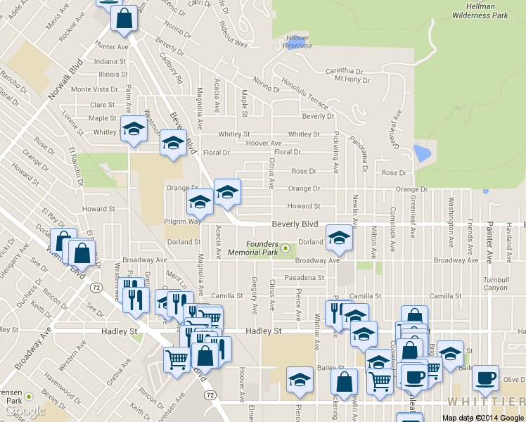 map of restaurants, bars, coffee shops, grocery stores, and more near 12129 Beverly Boulevard in Whittier
