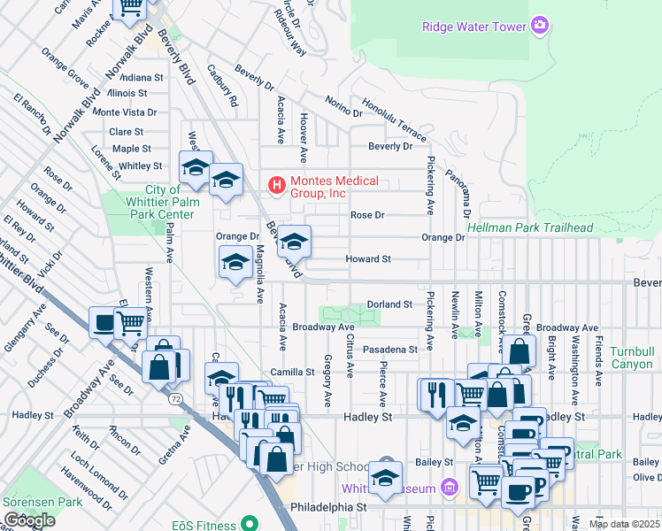 map of restaurants, bars, coffee shops, grocery stores, and more near 12129 Beverly Boulevard in Whittier
