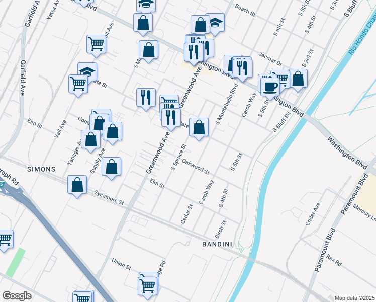 map of restaurants, bars, coffee shops, grocery stores, and more near 820 Oakwood Street in Montebello