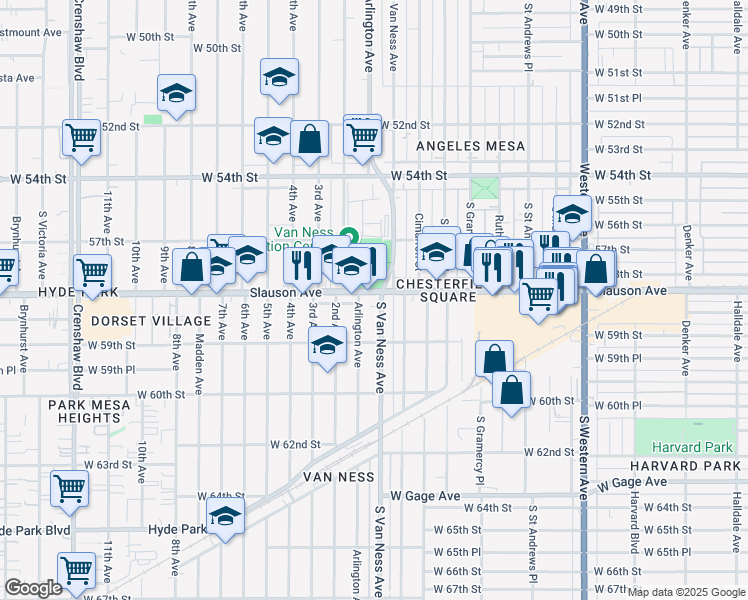 map of restaurants, bars, coffee shops, grocery stores, and more near 5822 Arlington Avenue in Los Angeles