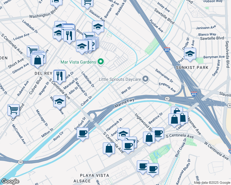 map of restaurants, bars, coffee shops, grocery stores, and more near 5120 Russo Street in Culver City