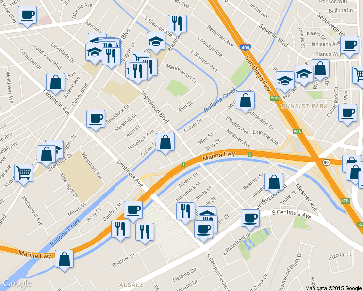 map of restaurants, bars, coffee shops, grocery stores, and more near 5120 Russo Street in Culver City