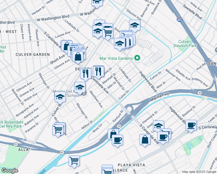 map of restaurants, bars, coffee shops, grocery stores, and more near 4904 South Centinela Avenue in Los Angeles